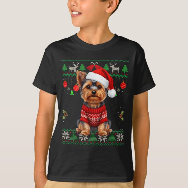 Camiseta Yorkie Dog Christmas Wearing Ugly Christmas Sweate (Frente)