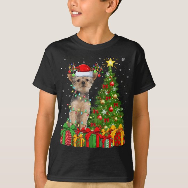 Camiseta Yorkie Dog Lighting Xmas Tree Santa Hat Yorkie Chr (Frente)