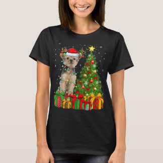 Camiseta Yorkie Dog Lighting Xmas Tree Santa Hat Yorkie Chr