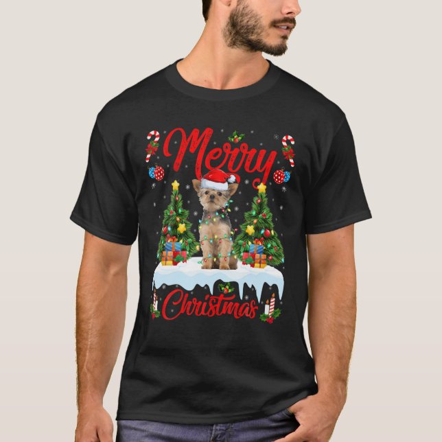 Camiseta Yorkie Dog Lover Xmas Lighting Santa Yorkie Christ (Frente)