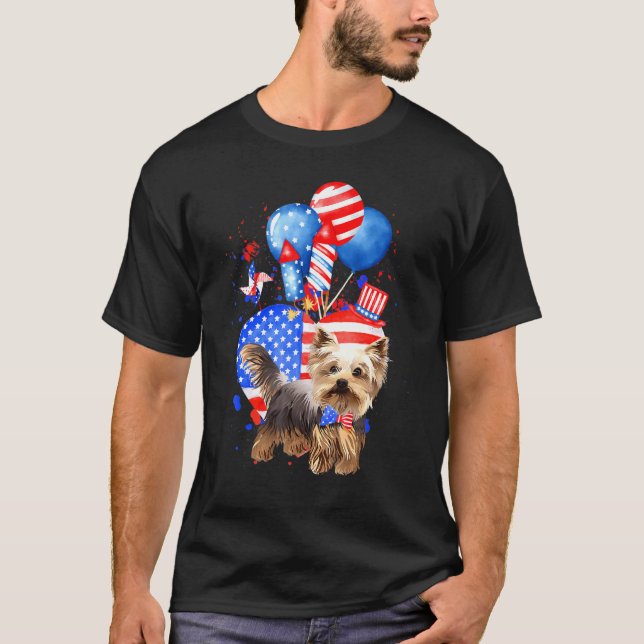 Camiseta Yorkie Dog Merica 4 de julho Bandeira Americana (Frente)