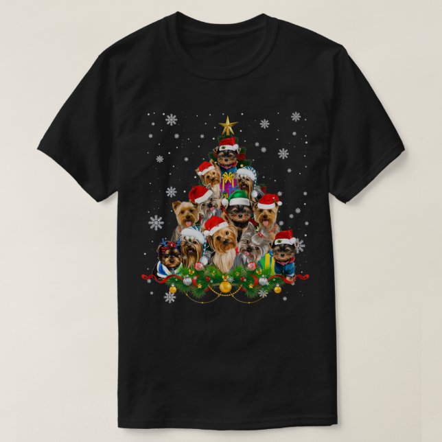 Camiseta Yorkie Dogs Árvore Natal Sweater Xmas Pet Animal (Frente do Design)