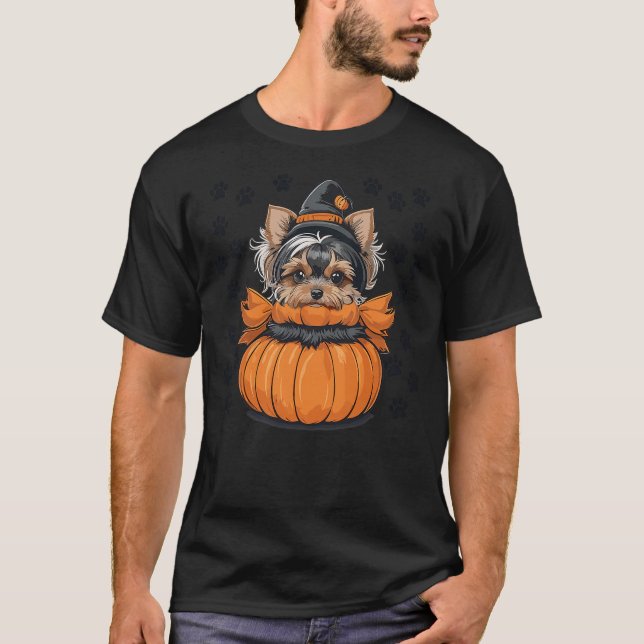 Camiseta Yorkie Halloween Costume Tee Pumpkin Men Women Kid (Frente)