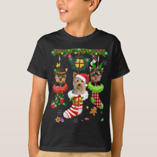 Camiseta Yorkie nas Meias Natal Santa Hat Luzes do Natal