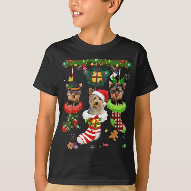 Camiseta Yorkie nas Meias Natal Santa Hat Luzes do Natal (Frente)