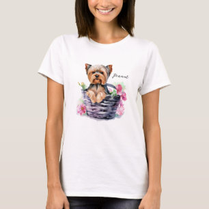 Camiseta Yorkie personalizado na Arte de Aquarela de Cesta