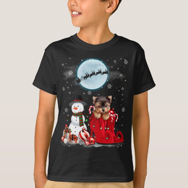 Camiseta Yorkie Terrier Santa Hat Snowman Boot Papais noeis (Frente)