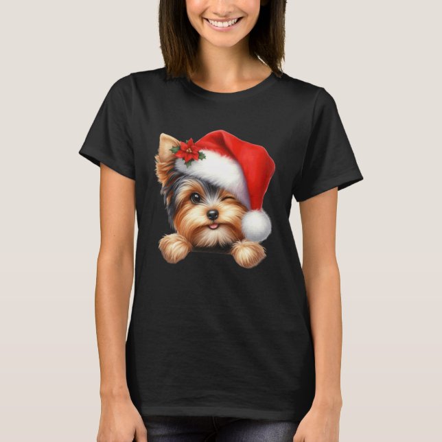 Camiseta Yorkie Yorkshire Terrier Dog Christmas Santa Hat D (Frente)