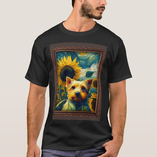 Camiseta Yorkshire Pintura Flor de Girassol Mãe Flor (Frente)