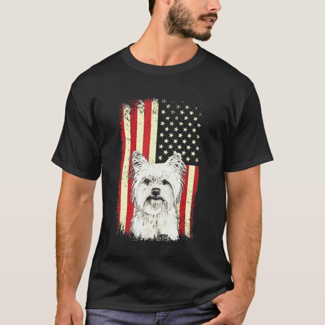 Camiseta Yorkshire Terrier American Flag 4 de julho Patriót (Frente)