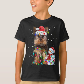 Camiseta Yorkshire Terrier Christmas Santa Hat Xmas Lights
