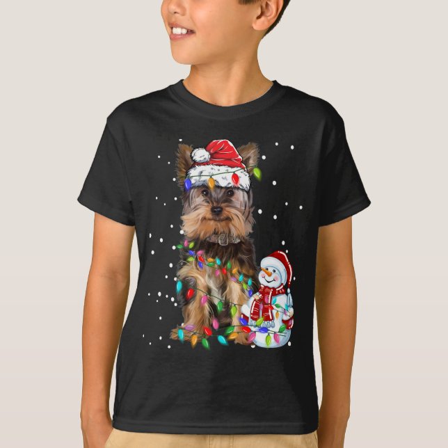 Camiseta Yorkshire Terrier Christmas Santa Hat Xmas Lights (Frente)