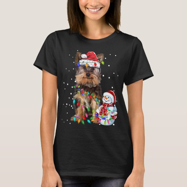 Camiseta Yorkshire Terrier Christmas Santa Hat Xmas Lights (Frente)