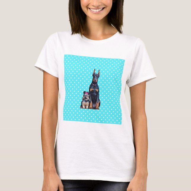 Camiseta Yorkshire Terrier Doberman Bolinhas azuis (Frente)