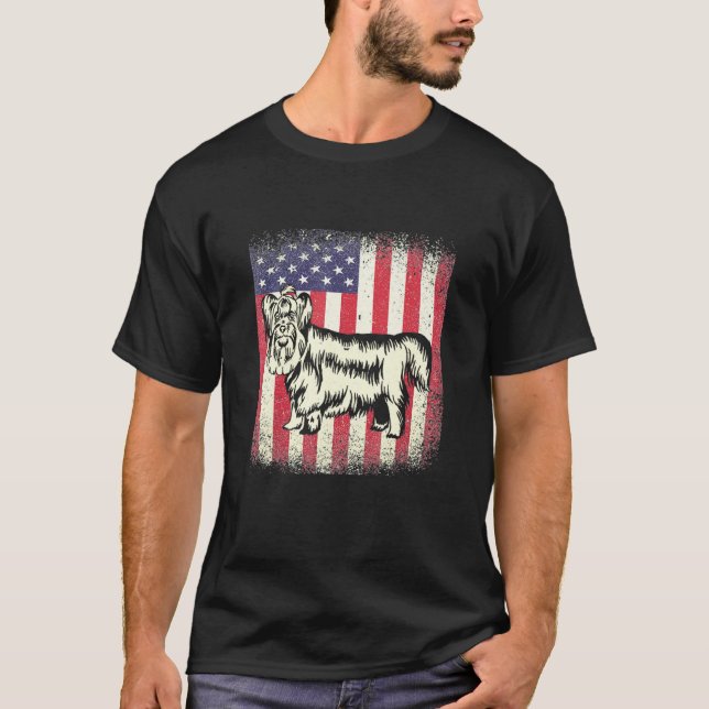 Camiseta Yorkshire Terrier Dog American Flag Patriótico 4º (Frente)