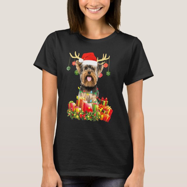 Camiseta Yorkshire Terrier Dog Reindeer Papais noeis de Nat (Frente)