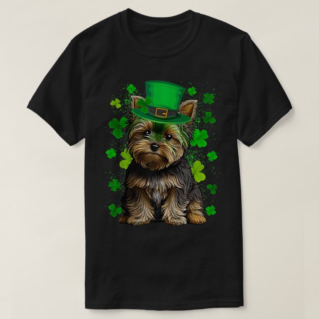Camiseta Yorkshire Terrier Dog Shamrocks Dia de São Patríci (Frente do Design)
