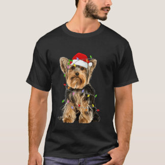 Camiseta Yorkshire Terrier Natal Chapéu de Papai Noel Luzes