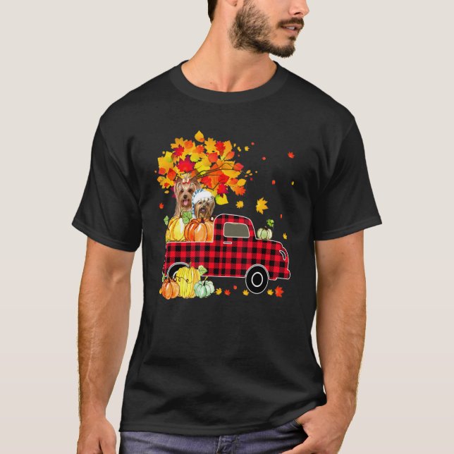 Camiseta Yorkshire Terrier Pumpkin Truck Fall Leaf Thanksgi (Frente)