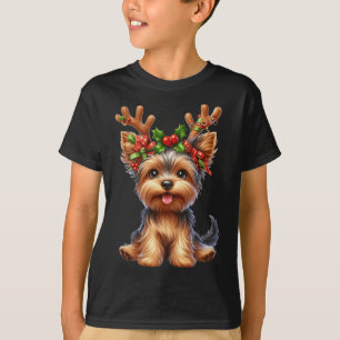 Camiseta Yorkshire Terrier Reindeer Santa Hat Xmas Luzes C