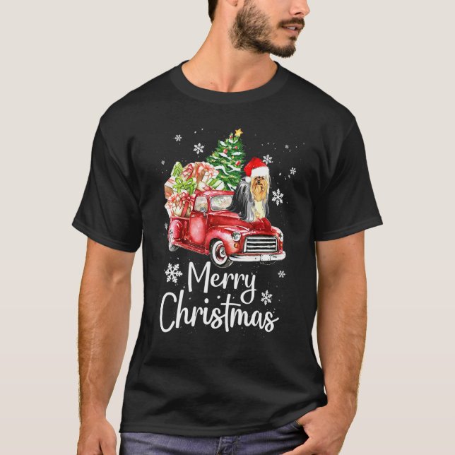 Camiseta Yorkshire Terrier Rides Red Truck Natal Pajama (Frente)