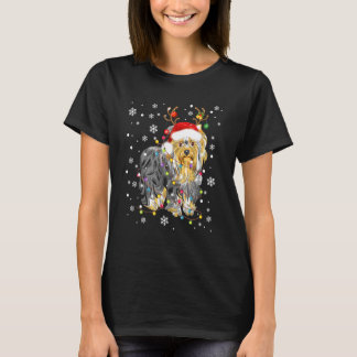 Camiseta Yorkshire Terrier Santa Hat Natal Luzes Natal