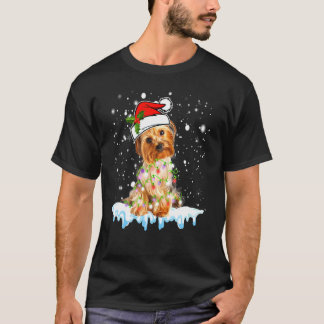 Camiseta Yorkshire Terrier Santa Hat Xmas Lights Dog