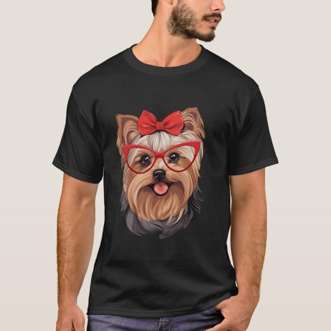Camiseta Yorkshire Terrier Vestindo Óculos Vermelhos E Band (Frente)