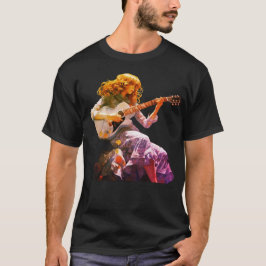 Camiseta Young Girl Strumming a Guitar on a Black T-Shirt