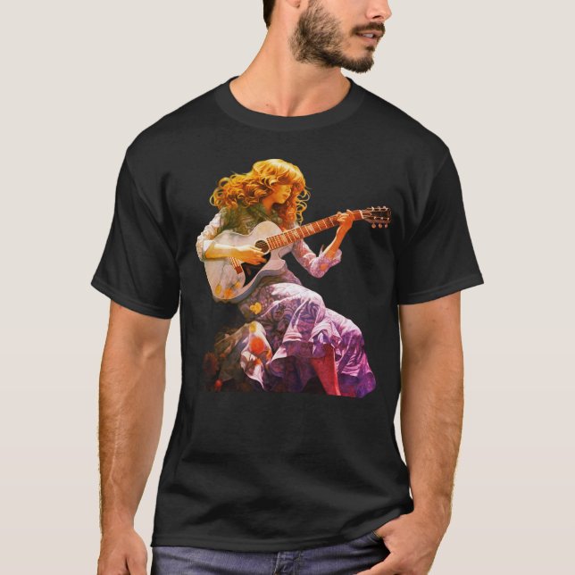 Camiseta Young Girl Strumming a Guitar on a Black T-Shirt (Frente)