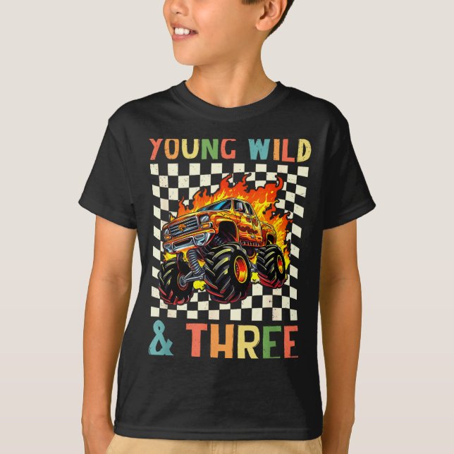 Camiseta Young Wild And Three Monster Truck 3rd Birthday 3y (Frente)