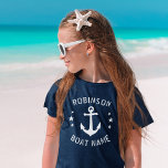 Camiseta Your Name & Boat Vintage Anchor Stars Navy & White<br><div class="desc">Girls stylish T-Shirt with your personal name and boat name or other desired text,  a custom vintage anchor and stars in white on classic navy blue. Makes a great gift for any occasion.</div>
