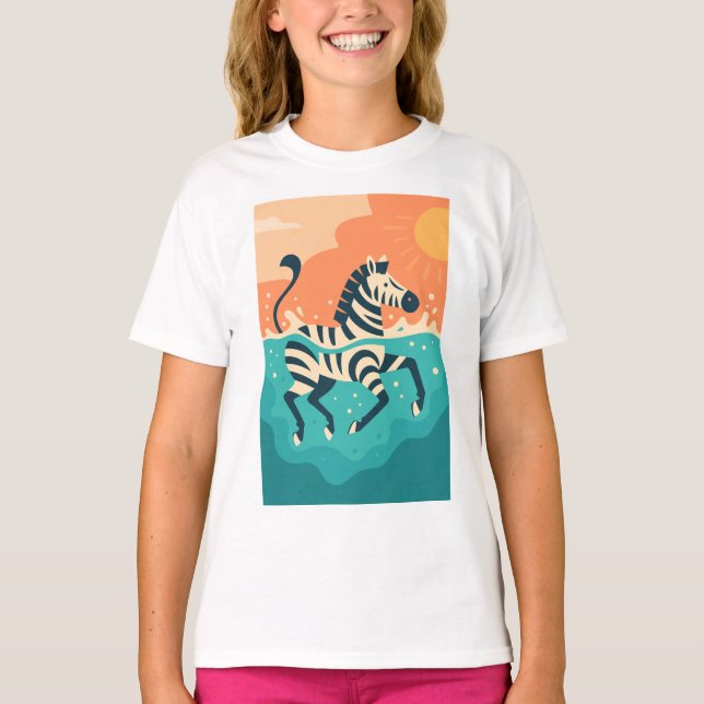 Camiseta Zebra Jovial Nadando no Mar Turquesa (Frente)