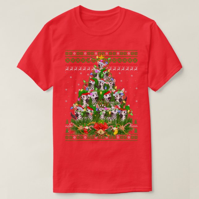 Camiseta Zebra Xmas Lighting Tree Papais noeis Zebra Ugly C (Frente do Design)