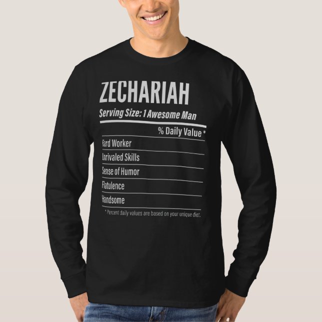 Camiseta Zechariah Servindo Tamanho de Nutrição Calorias no (Frente)