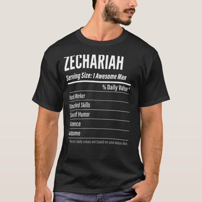 Camiseta Zechariah Servindo Tamanho de Nutrição Calorias no (Frente)