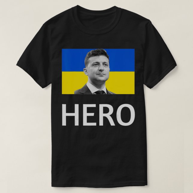 Camiseta Zelensky Hero, Bandeira Ucraniana, Presidente Volo (Frente do Design)