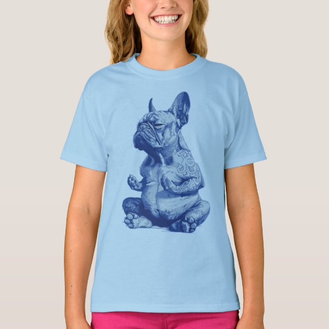 Camiseta Zen Bulldog em Pose de Meditação Arte (Frente)