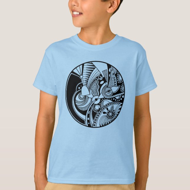 Camiseta Zendala abstrato preto e branco no círculo (Frente)