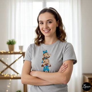 Camiseta Zina e Mimo carregando-a em seu ombro.