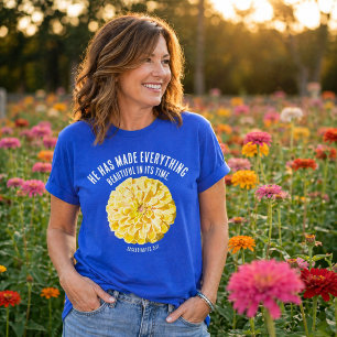 Camiseta Zínia Amarela Versículo Bíblico Floral Fé