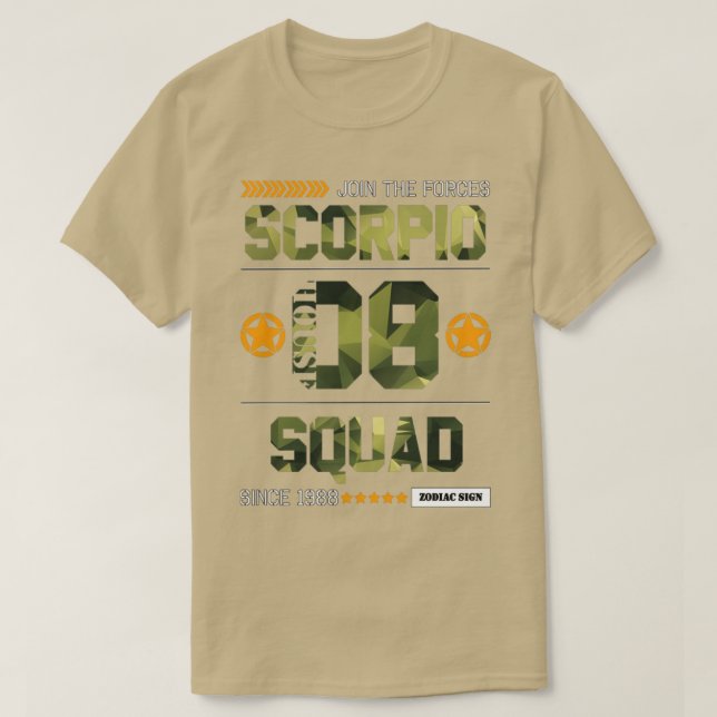 Camiseta Zodiac Majestade Scorpio Squad Camo (Frente do Design)