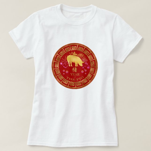 Camiseta Zodiac Pig Red/Dourado ID542 chinês (Frente do Design)