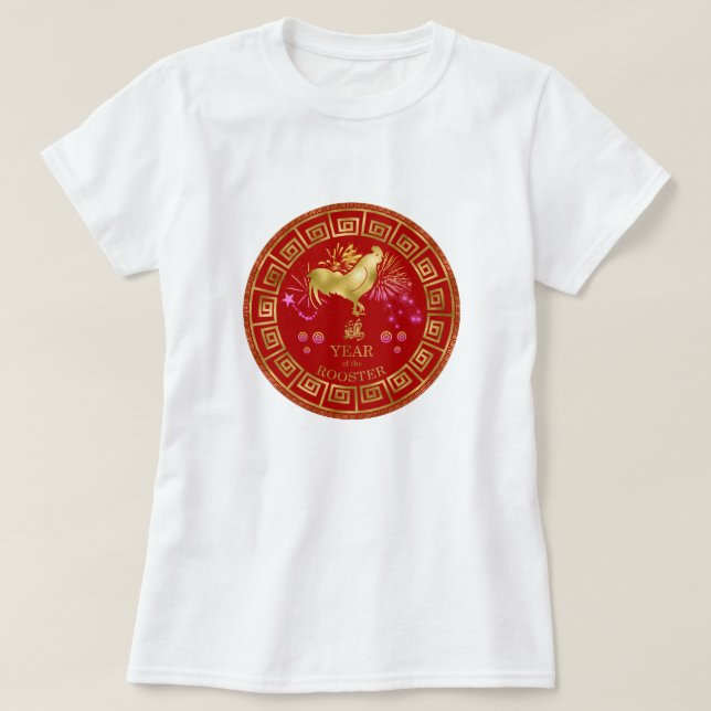 Camiseta Zodiac Rooster Red/Dourado ID542 chinês (Frente do Design)