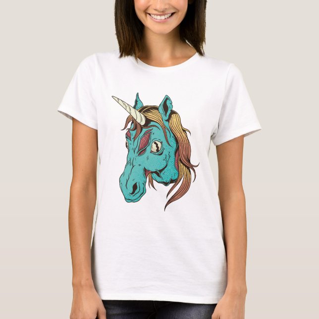 Camiseta Zombie Blue Cartoon Unicorn T-Shirt (Frente)