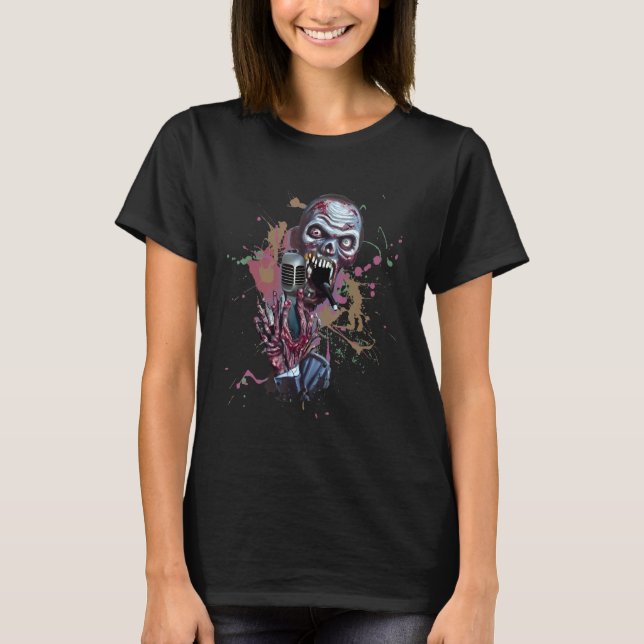 Camiseta Zombie Cantando Microfone Metal Rock Horror (Frente)