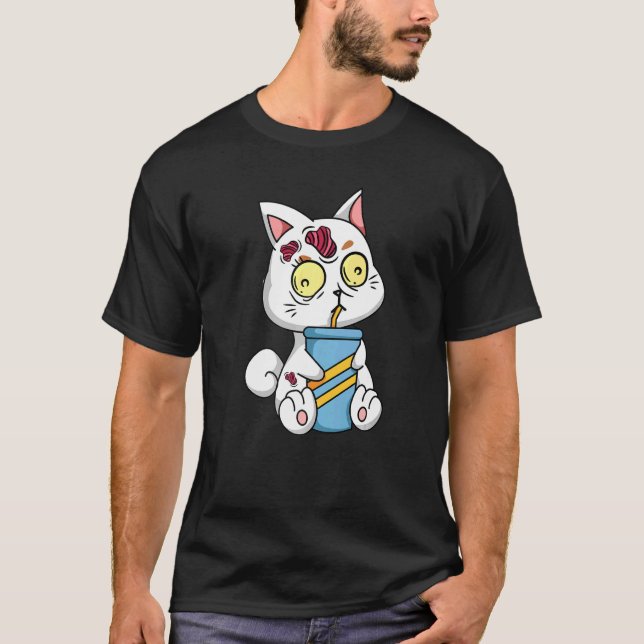 Camiseta Zombie Cat Bebendo Preguiçoso Figurino de Hallowee (Frente)