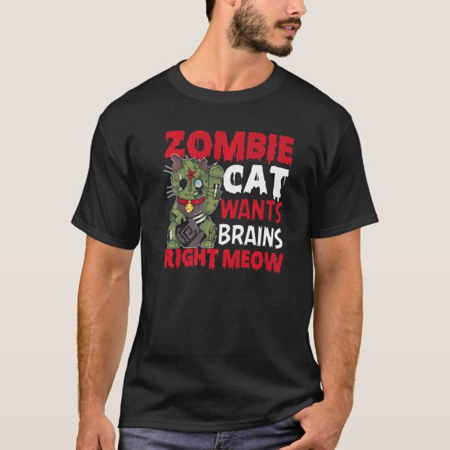 Camiseta Zombie Cat Quer Cérebros Diretos Miau Gato Hallo (Frente)