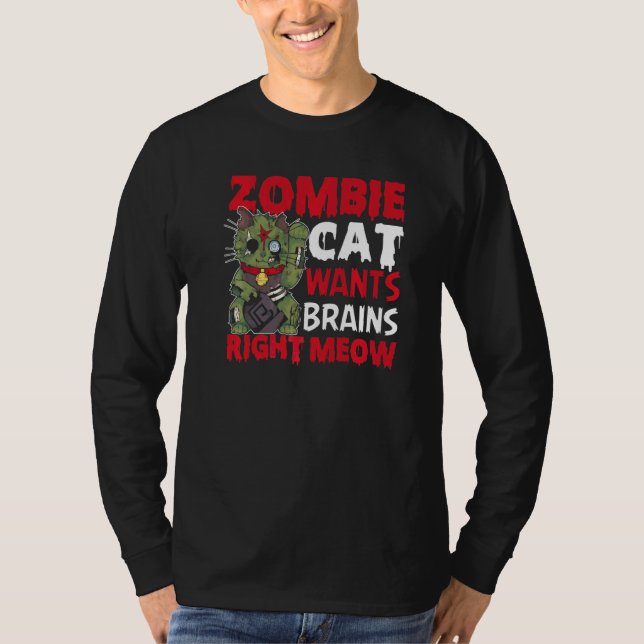 Camiseta Zombie Cat Quer Cérebros Diretos Miau Gato Hallo (Frente)