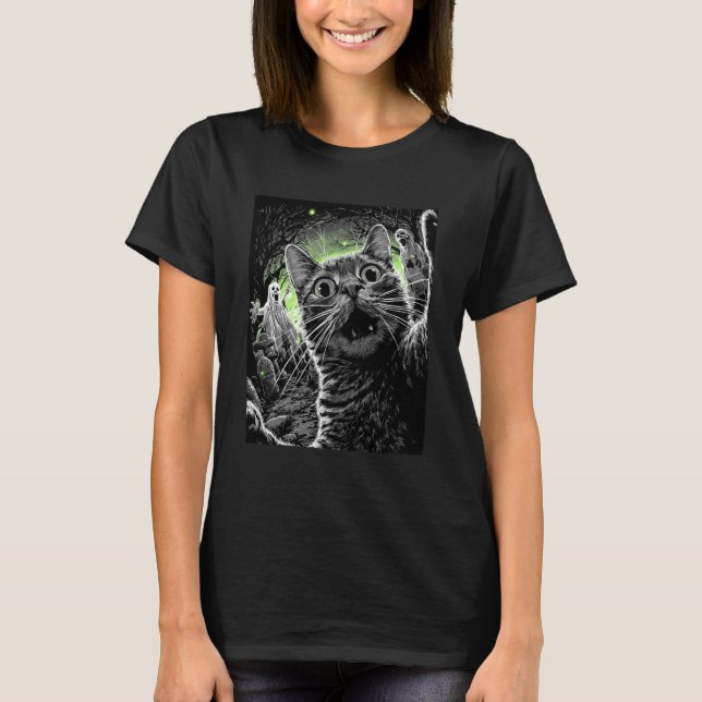 Camiseta Zombie Cat Selfie Funny Scary Halloween Cemetery G (Frente)